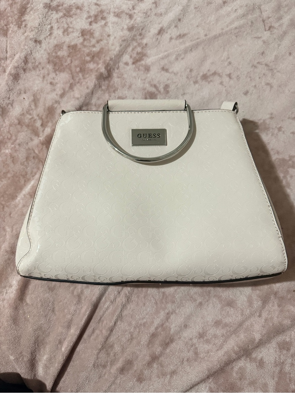 GUESS White Embossed Logo Top Handle Satchel